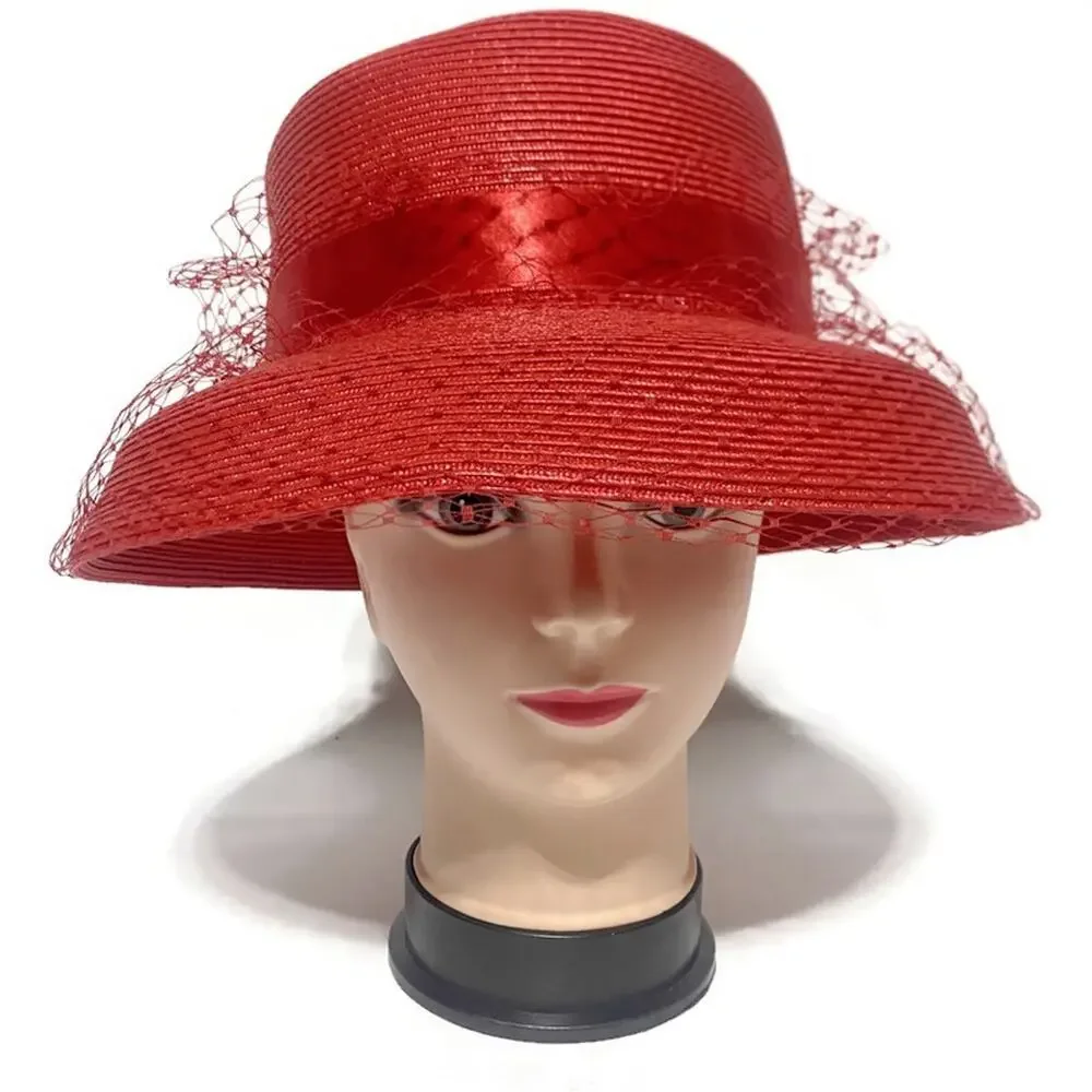 Vintage August Women's Red Derby Hat Polypropylene Dress Hat RN#80934 7x7.5
